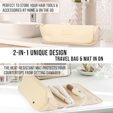 BAREFOOT CARIBOU Hair Tools Travel Bag and Heat Resistant Mat for Flat Irons, Straighteners, Curling Iron, and Haircare Accessories, 2-in-1 design, with Interior Pockets, Portable Organizer (Ivory) - Image 4