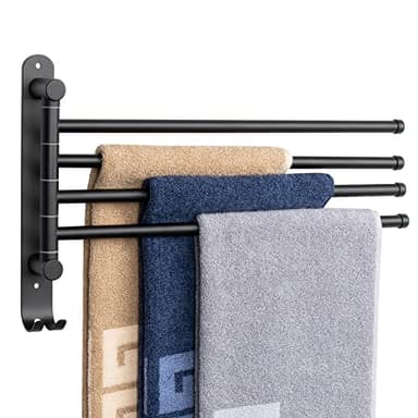 NearMoon Swivel Towel Rack, 13.8" Thicken 304 Stainless Steel 4-Arm Towel Bar, Space Saving Wall Mounted Towel Holder with Hook, Rustproof Swing Out Towel Hanger for Bathroom, Kitchen (Matte Black) - Image 1
