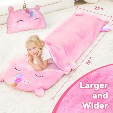 iPlay, iLearn Kids Unicorn Sleeping Bag, Toddler Girl Nap Mat, Plush Animal Slumber Bag 2 In 1 Pink Pillow Daycare Preschool Kindergarten Birthday Gift Travel Sleepover 3 4 5 6 7 8 10 12 Yr Child Teen - Image 6