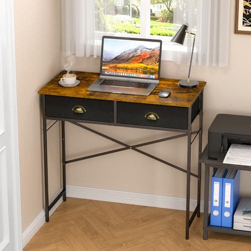 DAOUTIME Small Writing Desk for Kids Bedroom, 31.5 Inch Computer Desk for Small Spaces, Simple Desk with 2 Fabric Drawers for Home Office, Dorm, Living Room, Home Study Table, Rustic Brown - Image 1