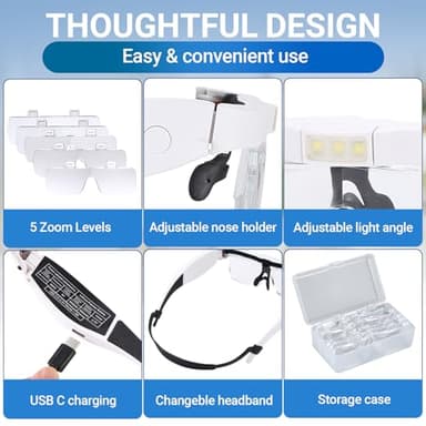 YOCTOSUN Magnifying Glass with Light, 0.75X-4.0X Magnifying Glasses, Head Magnifier Glasses with 3 LED Lights and 5 Lenses, Rechargeable Hands Free Headset Magnifier for Close Work Crafts Jewelry - Image 6