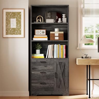 IRONCK Bookshelf with Door and 3 Drawers, 71in Tall Bookcase Shelf with 3-Tier Shelves, for Bedroom Living Room Entrance Hallway Home Office - Image 2