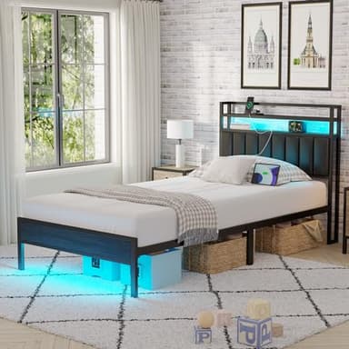 Twin Size Bed Frame with Charging Station and LED Lights, Metal Bed Frame with Headboard, Black Upholstered Headboard with 2-Tier Storage Shelves, Noise Free, No Box Spring Needed, Black - Image 5