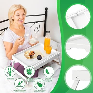 Artmeer Bed Tray Table with Folding Legs, Bamboo Breakfast Food Tray with Media Slot, Use As Platter, Laptop Desk, Snack, TV Tray Kitchen Serving Tray (White Large) - Image 5