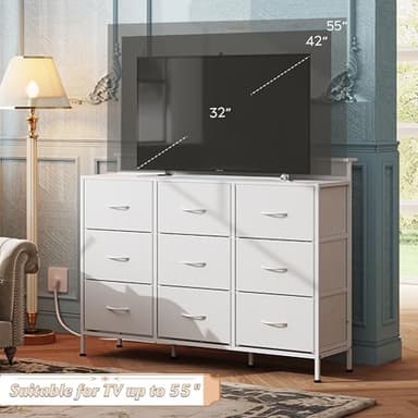 WLIVE White TV Stand for 45, 50, 55 inch TV, Entertainment Center with LED Lights & Charging Station, TV Media Console Table with 9 Fabric Drawers and Open Shelves for Living Room, Hallway, Wood Top - Image 6