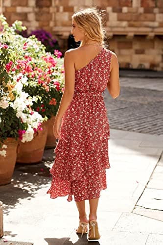PRETTYGARDEN Women's Summer Floral Sundress Casual One Shoulder Tiered Ruffle Flowy Midi Beach Boho Dresses (Floral Brick Red White,Medium) - Image 4