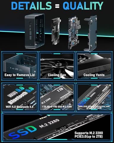 Getorli Mini PC, AMD 3550H(Max 3.7GHz), Mini Computers 32GB DDR4 RAM 1TB SSD, Mini Desktop Computer 4K 60Hz Displays/Dual HDMI/Type-C&USB3.2 Ports/LAN RJ45/WiFi 5/BT5.0 for Home/Office/Business - Image 9