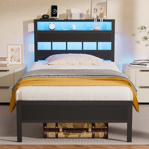 Furnulem Twin Bed Frames with Charging Station and LED Lights, Twin Size Platform Bed with Metal Slats, Wood Headboard with 2-Tier Storage Shelves, No Box Spring Needed, Black Oak - Image 1