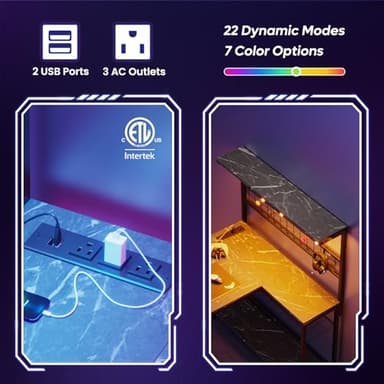 Bestier 42 L Shaped Gaming Desk, Computer Desk with Power Outlets & LED Light, Reversible Corner Desk with Shelves, Home Office Desk with Storage, Black Marble - Image 6