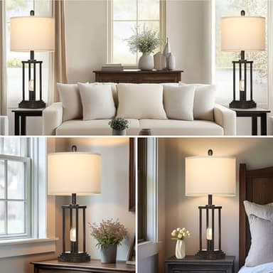 27" Tall Farmhouse Table Lamps with Night Light, Bronze Industrial End Table Lamp for Living Room, Rustic Bedside Lamps Set Of 2 with USB C+A Ports & AC Outlet, Vintage Bedroom Lamp for Nightstand - Image 6