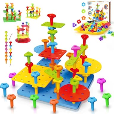 Peg Board Toy set 73Pcs DIY Building Stacking Toys for Kids 3-6 Years Old,STEM Educational Kids Toy for Brain Development,Montessori Sensory Toys,Upgrade Various Foam Board Plastic Lacing String Game - Image 1