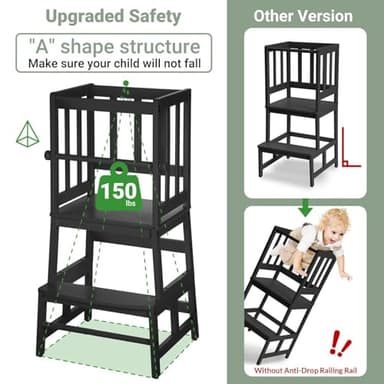 COSYLAND Kids Kitchen Step Stool Helper Baby and Toddler Multi-Function Step up Nursery Helper Stand with Safety Rail in Natural Bamboo, Strong and Lightweight (Black) - Image 3