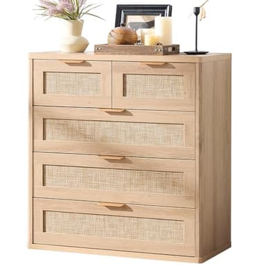 LEYAOYAO Rattan Dresser for Bedroom, 33.5" Tall Chest of Drawers, Modern 5 Drawers Boho Dressers with Storage, Light Oak Dresser Wooden Closet Organizer for Living Room, Hallway, Natural Wood - Image 1