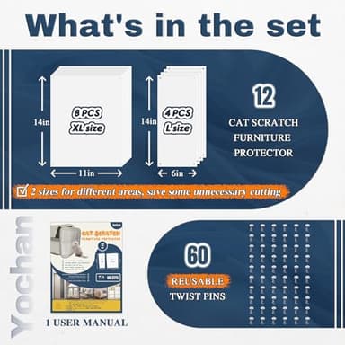 Cat Scratch Furniture Protector, One Sided Sticky Couch Protector from Cat Claws, Double Thick Couch Protector, Premium Clear Furniture Protector for Sofa Corner (12 PCS + 60 Pins) - Image 7