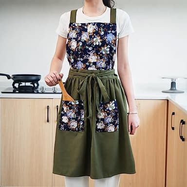 Pinknoke Vintage Pinafore Apron Dress for Women with Pockets Cute Floral Chef Aprons for Kitchen Cooking Baking Gardening (Olive Green) - Image 9