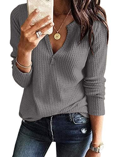 Women's V Neck Waffle Knit Henley Tops Casual Long Sleeve Pullover Sweater Blouses (Dark Grey, Medium) - Image 1