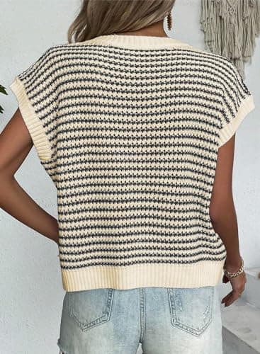 EVALESS Women's Casual Striped Round Neck Sweater Vest Drop Shoulder Short Sleeve Loose Fit Knitted Plus Size Pullover Tops Apricot Small - Image 3