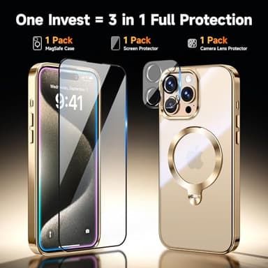 [Tri-Shield Protection] for iPhone 15 Pro Max Case with 360° Spin Stand Compatible with MagSafe [Magnetic CD Ring] [Screen & Camera Lens Protector] Shockproof Plating Never-Yellowing, Gold-6.7" - Image 3