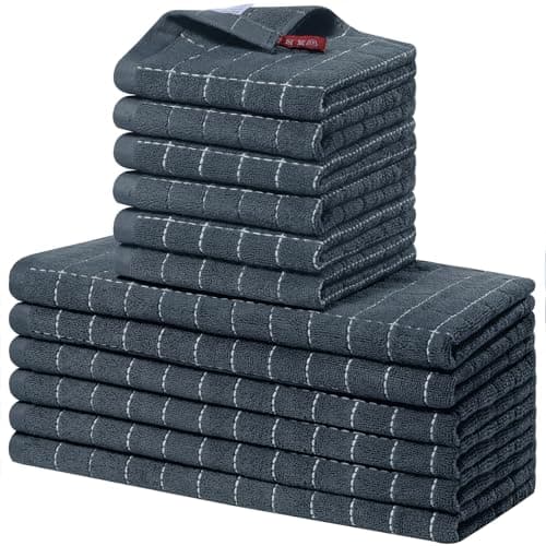 Homaxy Kitchen Towels and Dishcloths Set, 12 x 12 and 13 x 28 Inches, Set of 12 Bulk Cotton Terry Kitchen Towels Set, Checkered Designed, Soft and Super Absorbent Dish Towels, Dark Grey - Image 1