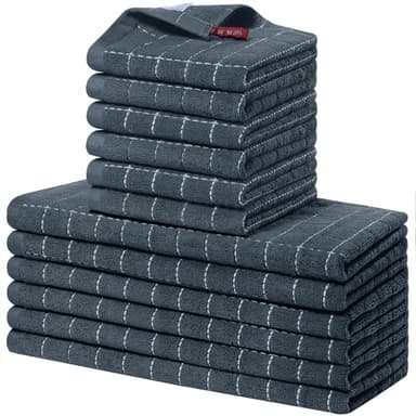 Homaxy Kitchen Towels and Dishcloths Set, 12 x 12 and 13 x 28 Inches, Set of 12 Bulk Cotton Terry Kitchen Towels Set, Checkered Designed, Soft and Super Absorbent Dish Towels, Dark Grey - Image 1