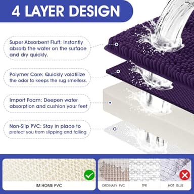 Striped Eggplant Purple Bathroom Rug Set 3 Pieces Ultra Soft, Non Slip Chenille Bath Carpet, Absorbent Plush Shaggy Bath Mats for Bathroom, Toilet, Bedroom, Kitchen - Image 5