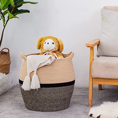 KAKAMAY Woven Baskets for Storage(17"x17"),Large Cotton Rope Woven Baby Laundry Hamper,Collapsible Laundry Basket, Blanket Basket for Organizing Living Room,Nursery,Clothes,Toy chest (Black) - Image 6