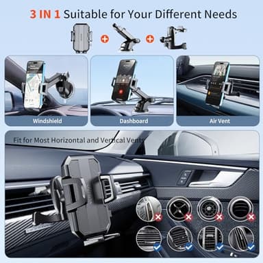 SUUSON Upgraded 3-in-1 Car Phone Holder Mount [Powerful Suction] Phone Mount for Car Dashboard Air Vent Windshield,for All iPhone Android Phone (Black) - Image 2