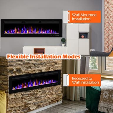 BETELNUT 60" Electric Fireplace Wall Mounted and Recessed with Remote Control, 750/1500W Ultra-Thin Wall Fireplace Heater W/Timer Adjustable Flame Color and Brightness, Log Set & Crystal Options - Image 9