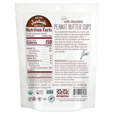 Justin's Organic Mini Milk Chocolate Peanut Butter Cups, Rainforest Alliance Certified Cocoa, Gluten-free, Responsibly Sourced, 6 Stand-up Bags, 4.7oz each - Image 2