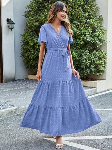 MASCOMODA Women Boho Swiss Dot Maxi Dresses Wrap V Neck Flutter Short Sleeve Solid Tie Waist A Line Tiered Flowy Long Dress(Light Blue,Small) - Image 4