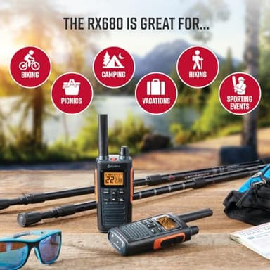 Cobra RX680 Walkie Talkies (2-Pack) - Rugged & Splashproof Two Way Radios Long Range, IP54 Water Resistant Design, 60 Pre-Programmed Channels, Weather Alerts, Included Charging Dock (Black/Orange) - Image 5