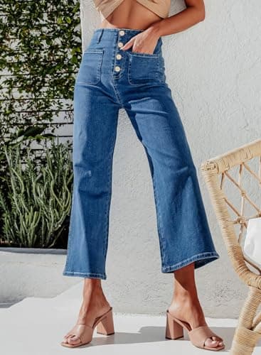 Sidefeel Women's Wide Leg Jeans High Waisted Straight Leg Jeans Buttoned Loose Stretchy Denim Pants with Pocket Blue Size 18 Short - Image 5
