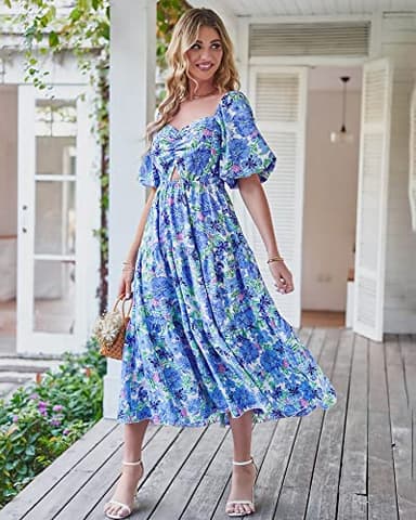 BTFBM Women Summer Dresses 2025 Casual Flowy Beach Square Neck Puff Short Sleeve Smocked Back Boho Floral Long Maxi Dress(Floral Blue, Medium) - Image 3