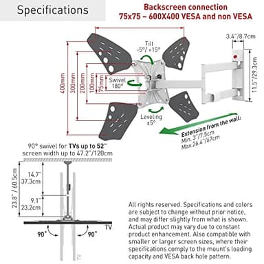 Barkan Long White TV Wall Mount, 13 - 80 inch Full Motion Articulating - 4 Movement Flat / Curved Screen Bracket, Holds up to 110lbs - Image 10