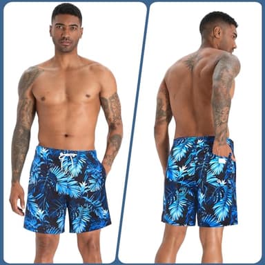 zeetoo Mens Swim Trunks with Compression Liner 5.5" Inseam Shorts Bathing Suit Quick Dry Swimsuit Leaf-darkblue 2XL - Image 2