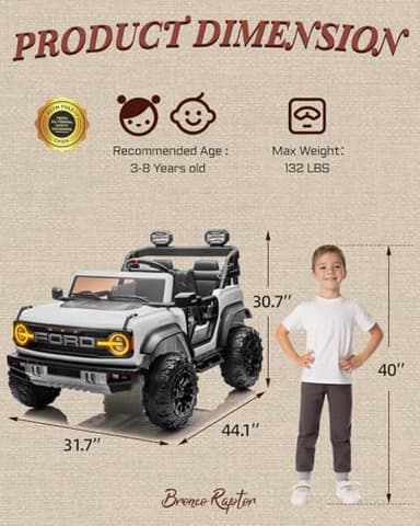First Ride On Licensed Ford Bronco Raptor 24V 2 Seater Kids Ride on Toys, Battery Powered Electric Ride on Car, Remote Control Electric Car w/Led Lights, Music, High Low Speed (24V, White) - Image 2