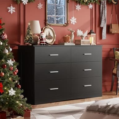 WLIVE Wood Dresser for Bedroom, Black 53'' Wide Chest of Drawers with 6 Drawer, Oak Furniture Large Storage Tower Unit, Closet Store Organizer for Living Room, Hallway, TV Stand, Modern Minimalist - Image 4