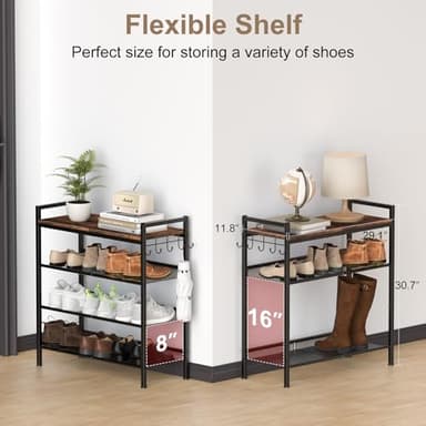 Refrze Shoe Rack for Front Door Entrance, 4 Tier Height-Adjustable Metal Shoe Rack, Sturdy Wooden Top and Tiltable Steel Frame Heavy Duty Shoe Organizer for Bathroom,Bedroom,Kitchen，Include Hook - Image 2