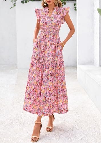 PRETTYGARDEN Women's 2025 Summer Floral Midi Dress Cap Sleeve V Neck Ruffle Long Flowy Boho Casual Beach Vacation Dresses (Floral Wine Red,Small) - Image 7