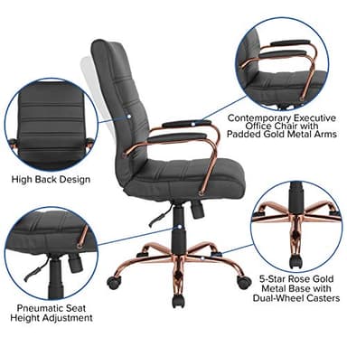 Flash Furniture Whitney High-Back Swivel LeatherSoft Desk Chair with Padded Seat and Armrests, Adjustable Height Padded Office Chair, Black/Rose Gold - Image 4
