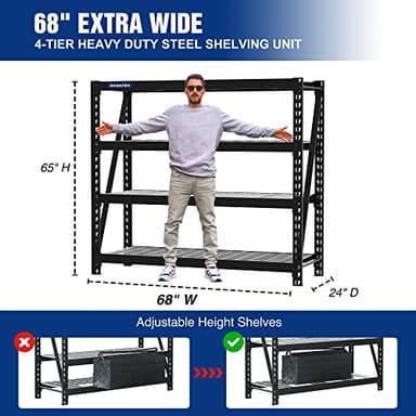 WORKPRO 68" Ultra Wide 4-Tier Metal Garage Shelving Unit, 68"W x 24"D x 65"H, 7200 LBS Capacity, Heavy Duty Storage Utility Rack, Industrial Adjustable Shelves for Shop Warehouse Basement, Pack of 2 - Image 2