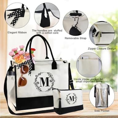 BeeGreen Women-Tote-Bag-Friend-Personalized-Gifts-Bag with 13oz Canvas & Embroidery Zipper, Unique Birthday Gifts for Mother Teacher Coworker Sister Initial Bag for Hostess S, Large - Image 4