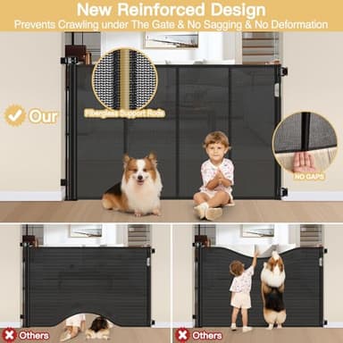 Reinforced 42" Extra Tall Pet Gate 55" Wide Retractable Baby Gate with Support Rods - Retractable Dog Gate Indoor/Outdoor Retractable Gate, Bottom Anti-Escape Tall Dog Gates for Doorways, Black - Image 2