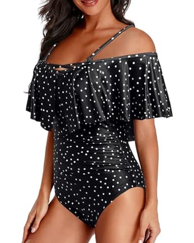 Holipick Black Dot Women Strapless One Piece Swimsuits Tummy Control Bathing Suit Ruffle Off Shoulder Swimwear with Sleeves Teen Girls Large - Image 4