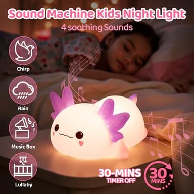 Huggwaii Squishy Axolotl Night Light for Kids, 4 Soothing White Noise Sounds, Dimmable Silicone Axolotl Lamp Toddler Light, Upgraded Rechargeable Nightlight Long Battery,Baby Gifts & Girls Room Decor - Image 4