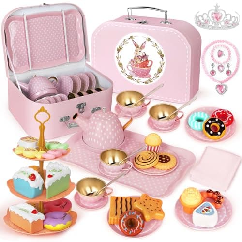 iAOVUEBY Tea Party Set for Little Girls, 49PCS Princess Tea Time Toys Including Tea Set Dessert Carrying Case, Kids Kitchen Pretend Playset, Tea Set for Girls Birthday Toddler Age 3-8, Pink - Image 1