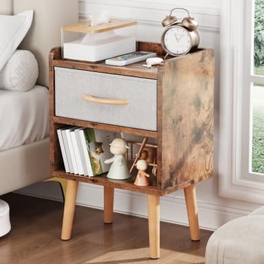 LUCKNOCK Night Stand with Drawer, Mid Century Modern Bedside Table, Sturdy Wood Nightstand with Open Storage Shelf, Small Bedside Table for Bedroom, Kids Room & Small Spaces, Rustic Brown. - Image 4