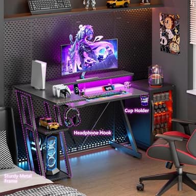 Korfile 40 Inch Gaming Desk with Power Outlet & LED Lights, L Shaped Computer Gaming Table with 3 Tiers Storage Shelves, Corner Gamer Desk with Monitor Stand for Small Space, Carbon Fiber Black - Image 2