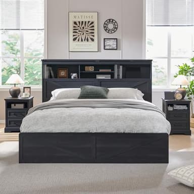 ACCOHOHO Farmhouse King Size Wood Bed Frame with 52" Tall Storage Headboard and 4 Drawers,LED Light,Charging Station,Solid Wood Slats Support,Noiseless,No Box Spring Needed,Black - Image 3