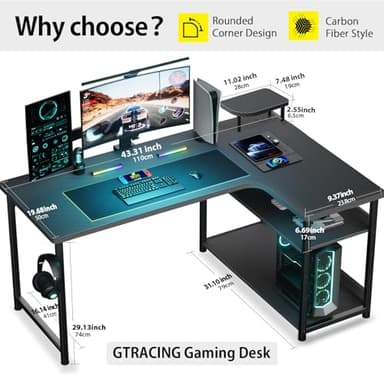 GTRACING L Shaped Gaming Desk, Carbon Fiber Style Computer Desk Compatible with Monitor Arm Storage Shelves Corner Desk Gaming Table for Home Office Desks Easy to Assemble Adjustable Shelf Height - Image 5